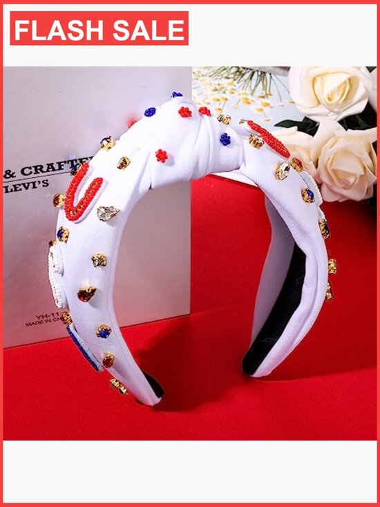 Patriotic Rhinestone Knotted Headband for Women 4th of July Party Hair Accessory
